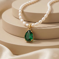 Vintage Style Pear Cut Emerald Drop Pendant on Pearl String