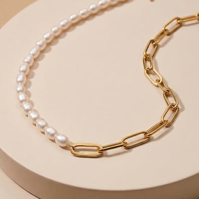 Modern Half-and-Half Pearl and Paperclip Link Chain Necklace