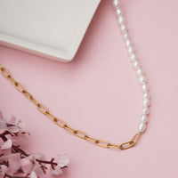 Modern Half-and-Half Pearl and Paperclip Link Chain Necklace