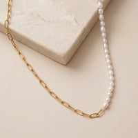 Modern Half-and-Half Pearl and Paperclip Link Chain Necklace
