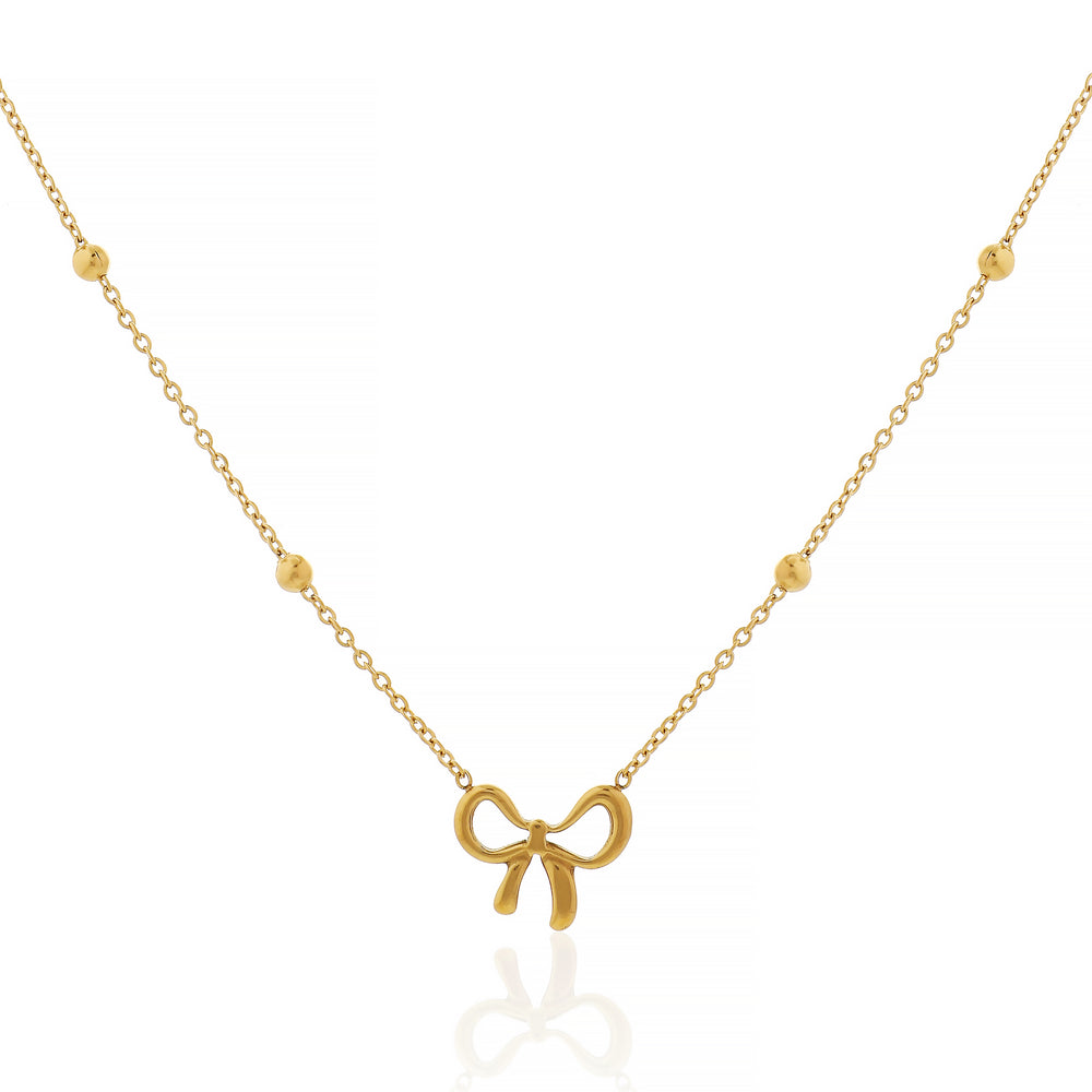 Elegant Gold Ribbon Bow Pendant Necklace with a Bead Chain