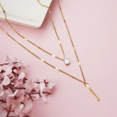 Double Layered Necklace with Pear Cut Crystal and Gold Bar Pendant - Second Image
