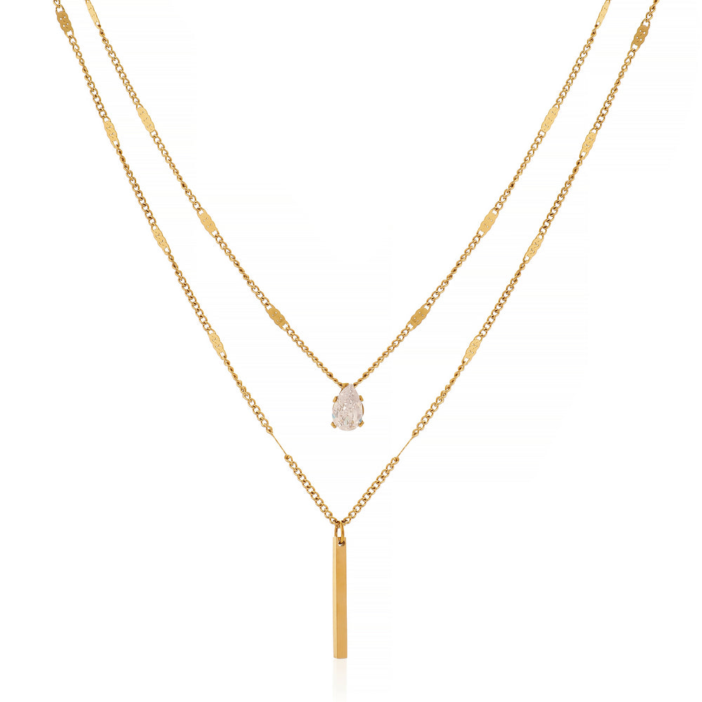 Double Layered Necklace with Pear Cut Crystal and Gold Bar Pendant