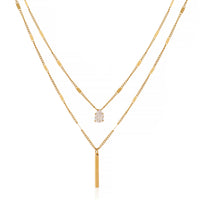 Double Layered Necklace with Pear Cut Crystal and Gold Bar Pendant