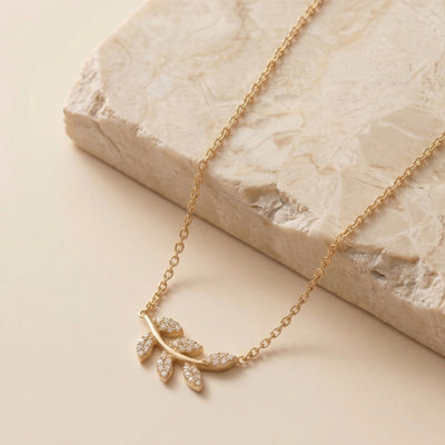 Sparkling Crystal Studded Olive Branch Leaf Pendant Necklace