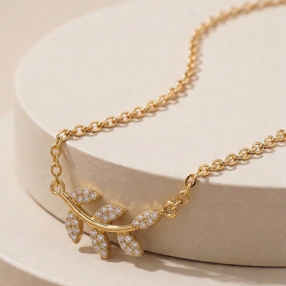 Sparkling Crystal Studded Olive Branch Leaf Pendant Necklace