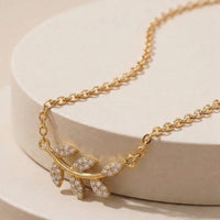 Sparkling Crystal Studded Olive Branch Leaf Pendant Necklace