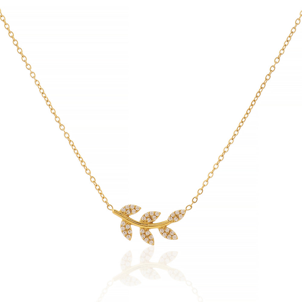 Sparkling Crystal Studded Olive Branch Leaf Pendant Necklace