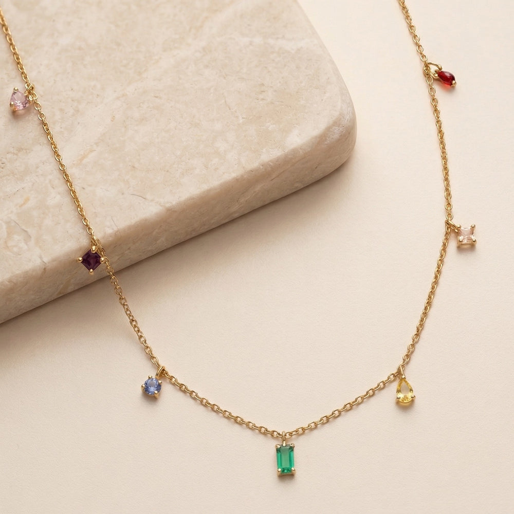 Vibrant Multi-Color Rainbow Gemstone Charm Necklace