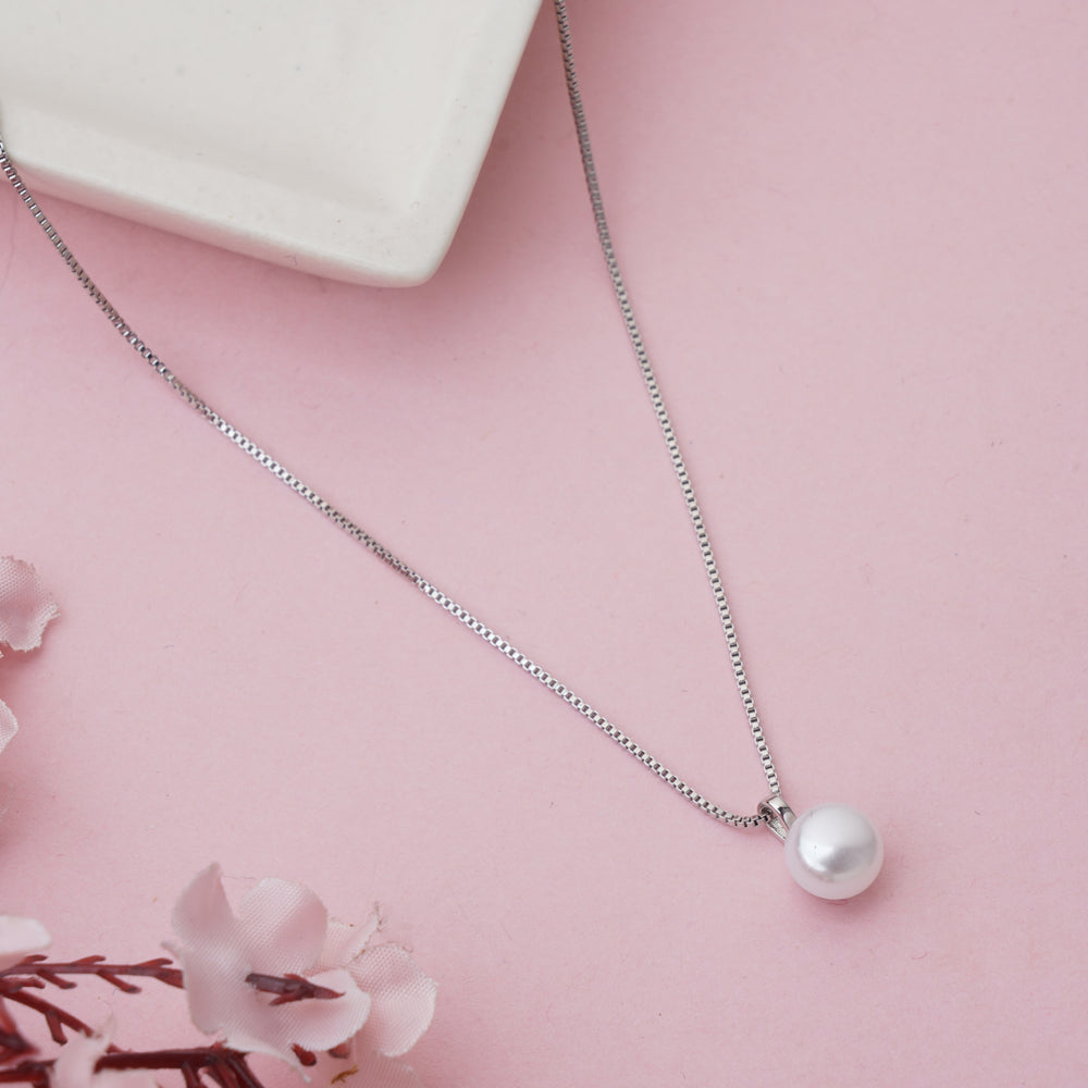 Timeless Round White Pearl Solitaire Pendant on Box Chain