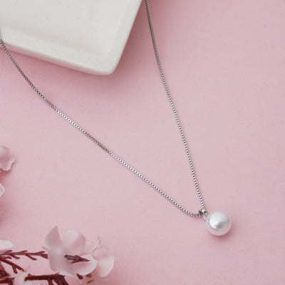 Timeless Round White Pearl Solitaire Pendant on Box Chain - Second Image