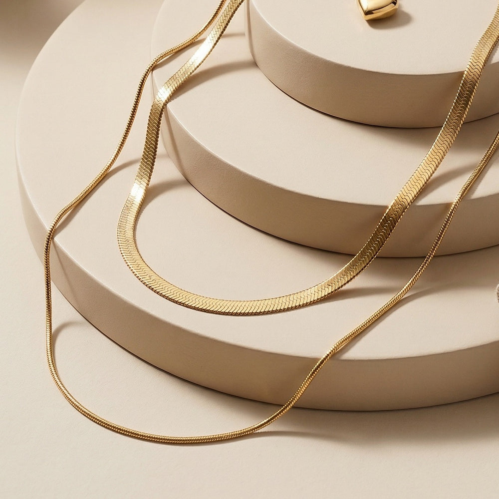 Luxury Dual Layered Herringbone Flat Snake Chain Necklace