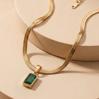 Luxury Emerald Baguette Crystal Pendant on Flat Herringbone Snake Chain