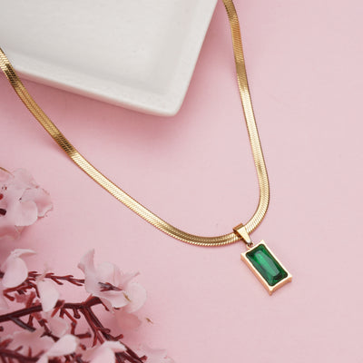 Luxury Emerald Baguette Crystal Pendant on Flat Herringbone Snake Chain - Second Image