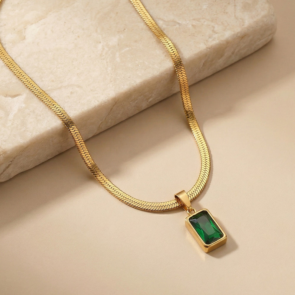 Luxury Emerald Baguette Crystal Pendant on Flat Herringbone Snake Chain
