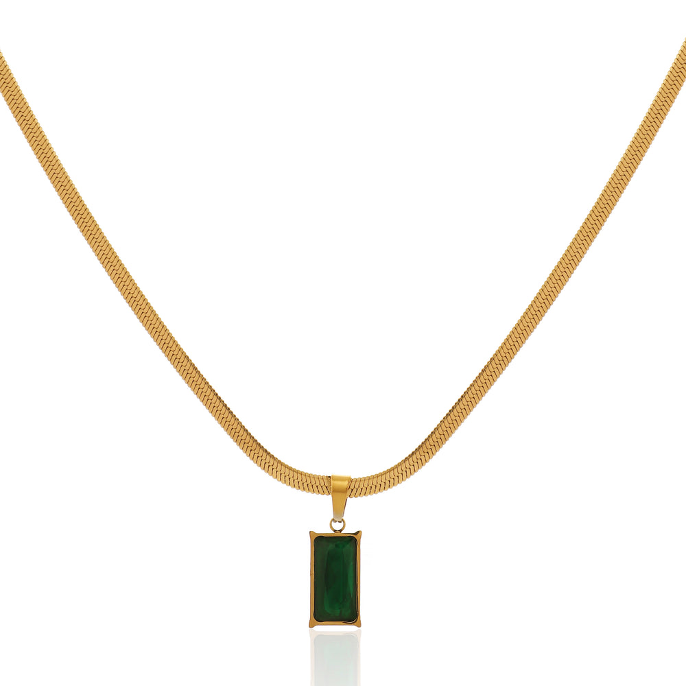 Luxury Emerald Baguette Crystal Pendant on Flat Herringbone Snake Chain
