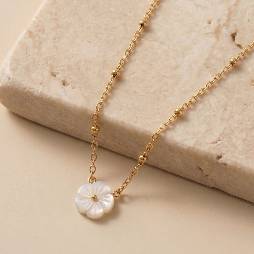 Dainty Carved Shell Flower Pendant on Gold Satellite Bead Chain