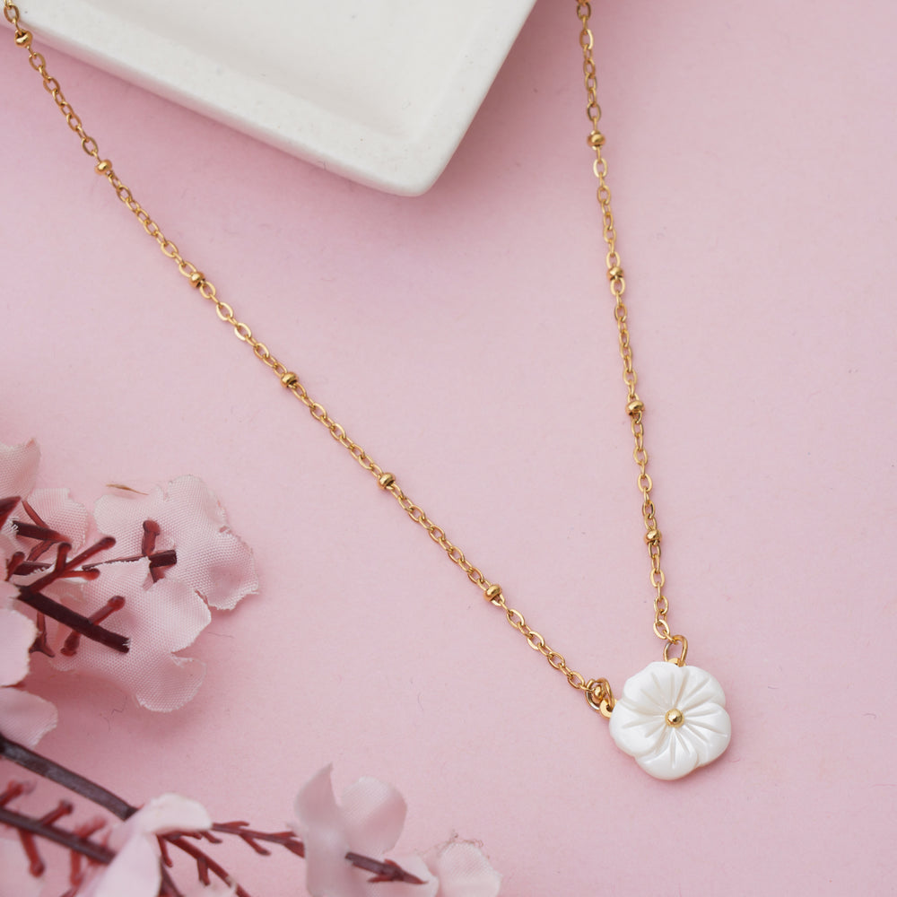 Dainty Carved Shell Flower Pendant on Gold Satellite Bead Chain