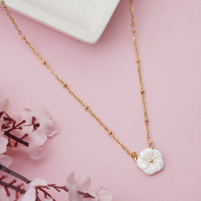 Dainty Carved Shell Flower Pendant on Gold Satellite Bead Chain - Second Image