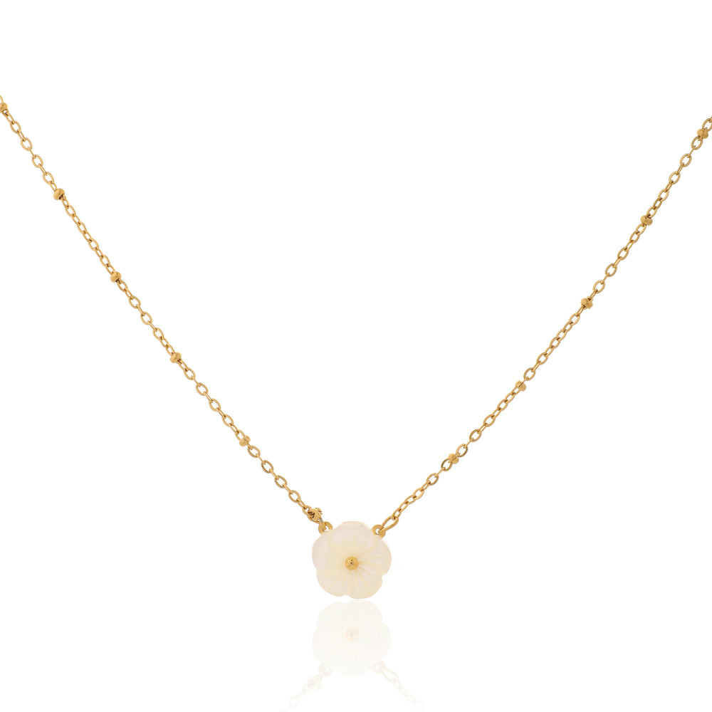 Dainty Carved Shell Flower Pendant on Gold Satellite Bead Chain