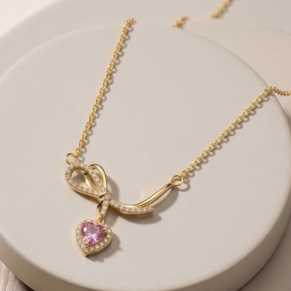 Adorable Pink Heart Crystal Pendant with Sparkling Ribbon Bow Charm
