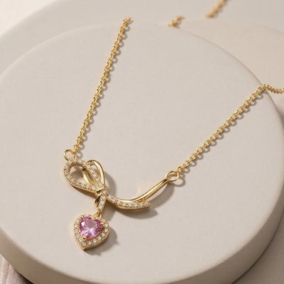 Adorable Pink Heart Crystal Pendant with Sparkling Ribbon Bow Charm