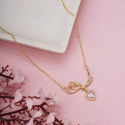 Adorable Pink Heart Crystal Pendant with Sparkling Ribbon Bow Charm - Second Image