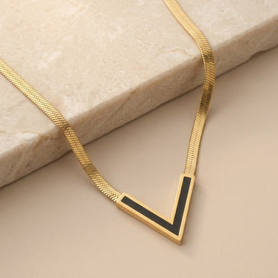 Black Enamel V-Chevron Pendant on Thick Herringbone Flat Snake Chain