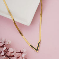 Black Enamel V-Chevron Pendant on Thick Herringbone Flat Snake Chain
