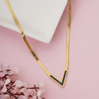 Black Enamel V-Chevron Pendant on Thick Herringbone Flat Snake Chain - Second Image