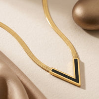 Black Enamel V-Chevron Pendant on Thick Herringbone Flat Snake Chain