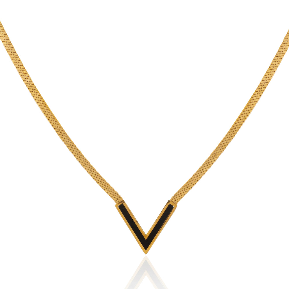 Black Enamel V-Chevron Pendant on Thick Herringbone Flat Snake Chain