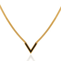 Black Enamel V-Chevron Pendant on Thick Herringbone Flat Snake Chain