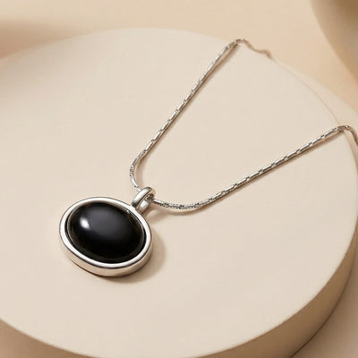 Classic Circular Black Onyx Style Pendant on Delicate Silver Chain