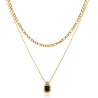 Trendy Double Layered Necklace with Gold Figaro Chain and black pendant