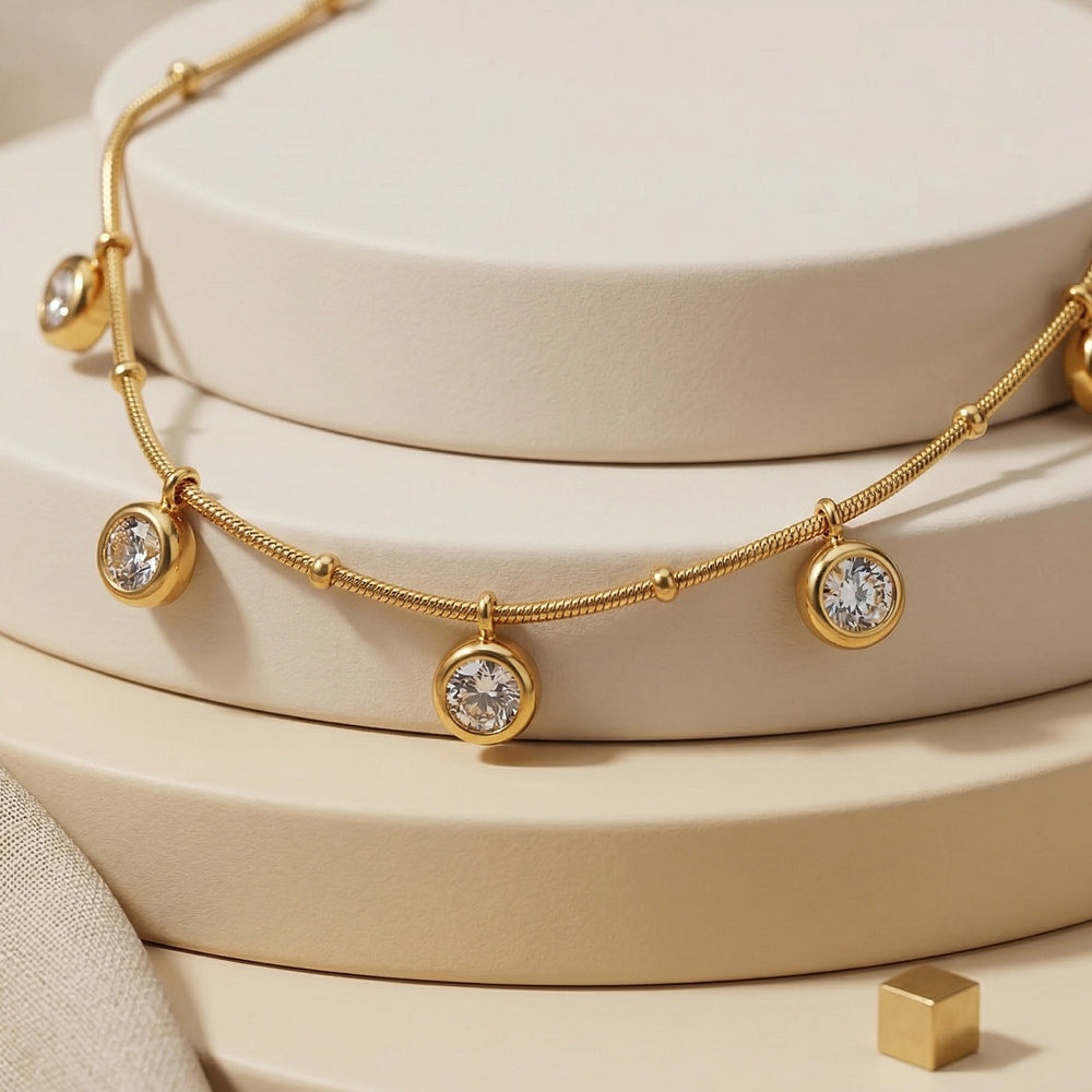 Elegant Satellite Bead Chain Necklace with Hanging Round Crystal Charms