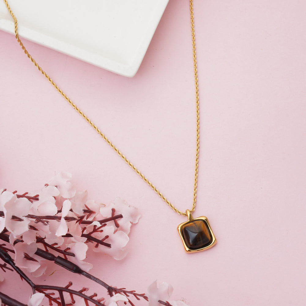 Natural Tiger's Eye Gemstone Square Pendant on Twisted Rope Chain