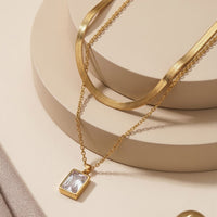 Luxury Dual Layered Necklace with Flat Herringbone Chain and Crystal Pendant