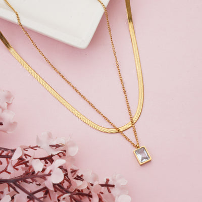 Luxury Dual Layered Necklace with Flat Herringbone Chain and Crystal Pendant - Second Image
