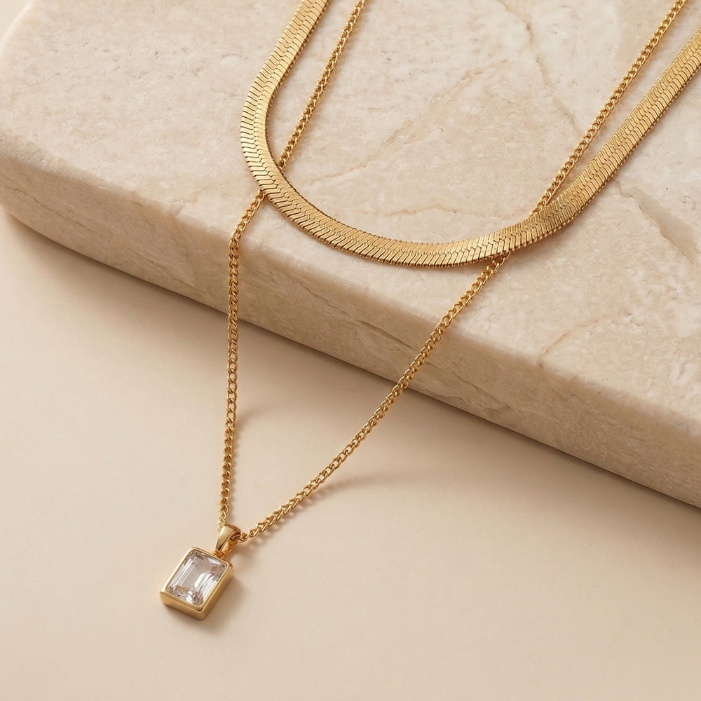 Luxury Dual Layered Necklace with Flat Herringbone Chain and Crystal Pendant