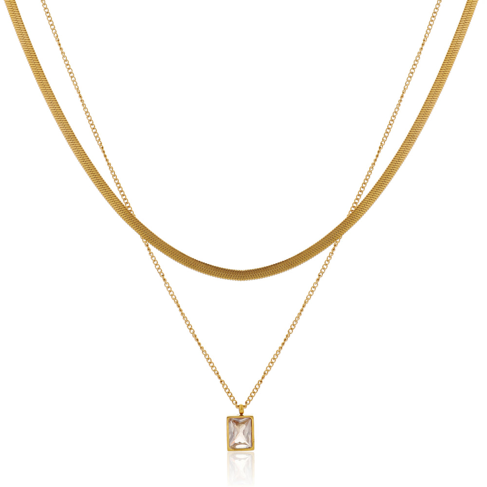 Luxury Dual Layered Necklace with Flat Herringbone Chain and Crystal Pendant