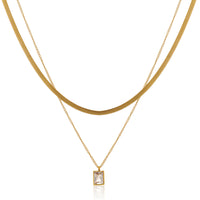 Luxury Dual Layered Necklace with Flat Herringbone Chain and Crystal Pendant