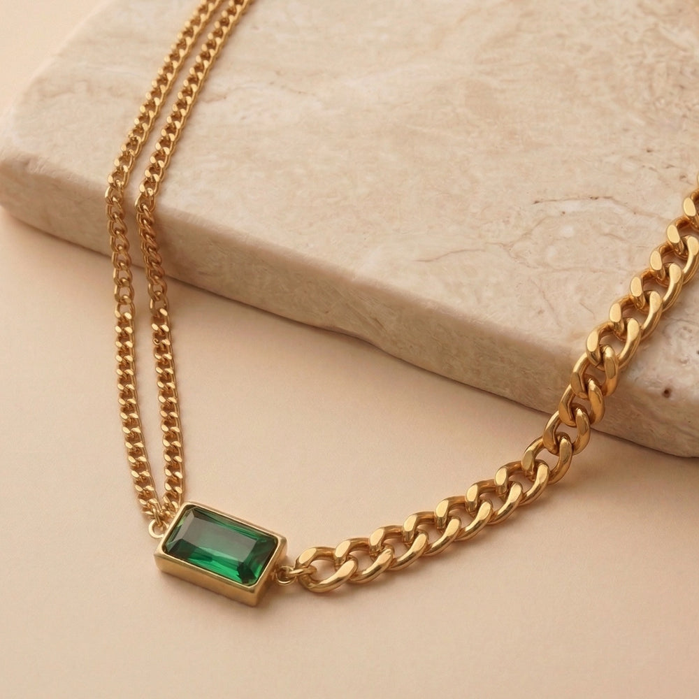 Modern Emerald Green Baguette Crystal Integrated into Bold Gold Curb Chain