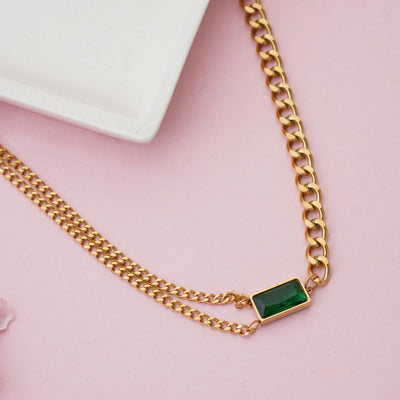 Modern Emerald Green Baguette Crystal Integrated into Bold Gold Curb Chain - Second Image