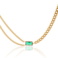 Modern Emerald Green Baguette Crystal Integrated into Bold Gold Curb Chain