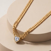 Stunning Heart Cut Pinkish-White Crystal Pendant on Thick Flat Link Chain