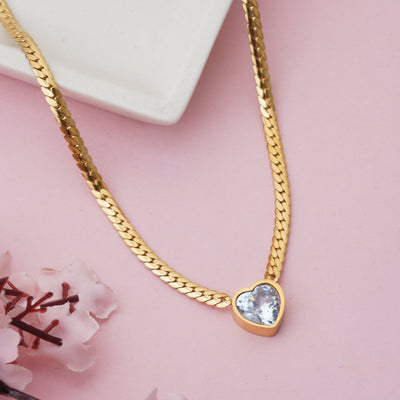 Stunning Heart Cut Pinkish-White Crystal Pendant on Thick Flat Link Chain - Second Image