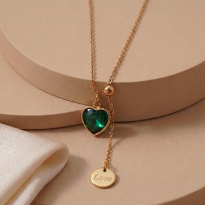 Sophisticated Emerald Green Heart Lariat Necklace with Gold Coin Drop
