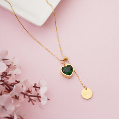 Sophisticated Emerald Green Heart Lariat Necklace with Gold Coin Drop - Second Image