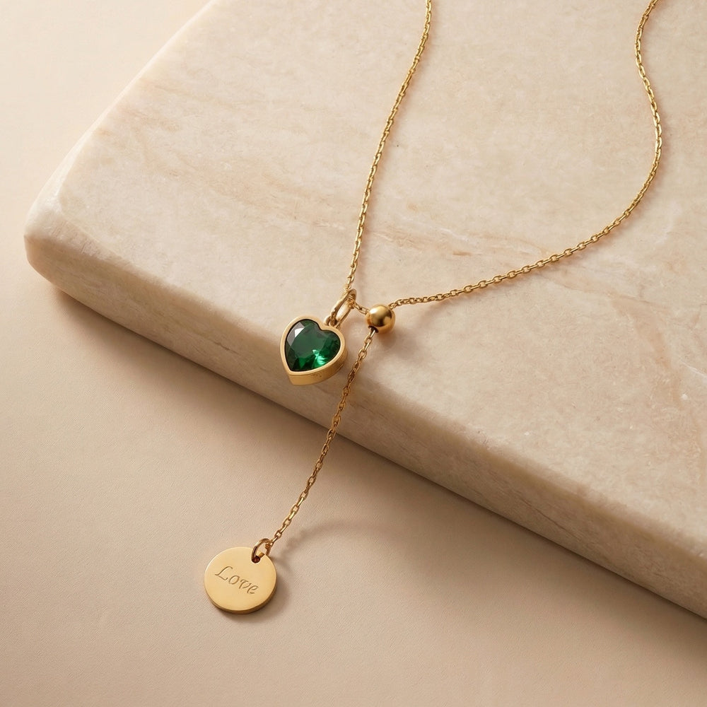 Sophisticated Emerald Green Heart Lariat Necklace with Gold Coin Drop